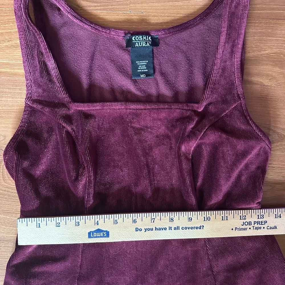 Cosmic Aura Velvet Corduroy Fit-and-Flare Dress in Burgundy - Picture 5 of 10